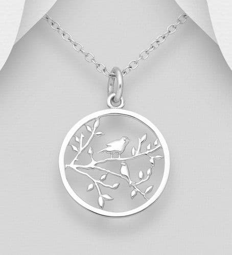 925 Sterling Silver Branch, Leaf And Birds Pendant & Chain